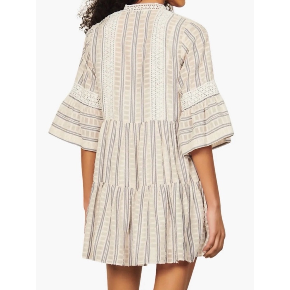 SANDRO • Ecru/White/Navy Stephanie Stripe Boho Lace-Trim Tiered Mini Dress, S - Picture 2 of 16